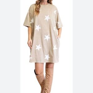 Beige Star Print Women's T Shirt Dress
